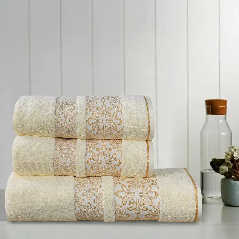 Cream Flower - 3-Pcs Jacquard Towel Set